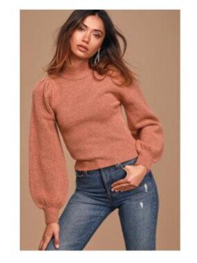 EUC Lulus Piece of My Heart Rusty Rose Mock Neck Puff Shoulder Sweater, XS